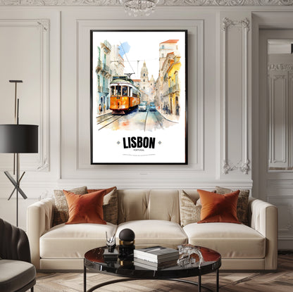 Watercolor Lisbon Electric Tram Poster – Captivating Artistry of Portugal's Iconic Transportation