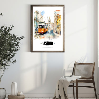 Watercolor Lisbon Electric Tram Poster – Captivating Artistry of Portugal's Iconic Transportation