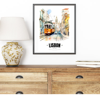 Watercolor Lisbon Electric Tram Poster – Captivating Artistry of Portugal's Iconic Transportation