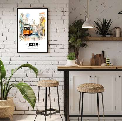 Watercolor Lisbon Electric Tram Poster – Captivating Artistry of Portugal's Iconic Transportation