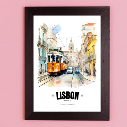 Watercolor Lisbon Electric Tram Poster – Captivating Artistry of Portugal's Iconic Transportation