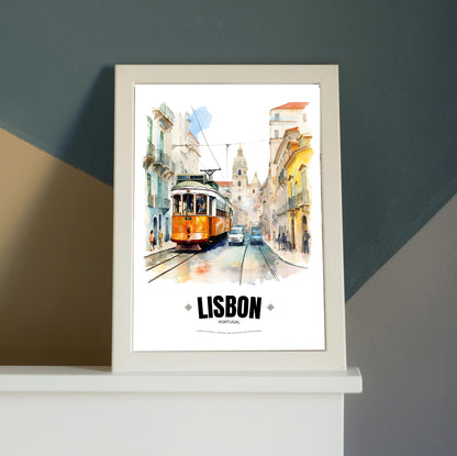 Watercolor Lisbon Electric Tram Poster – Captivating Artistry of Portugal's Iconic Transportation