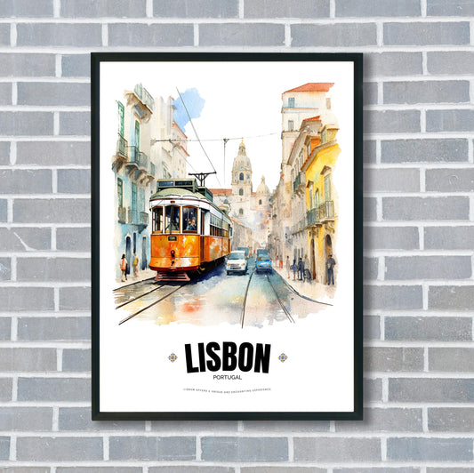 Watercolor Lisbon Electric Tram Poster – Captivating Artistry of Portugal's Iconic Transportation