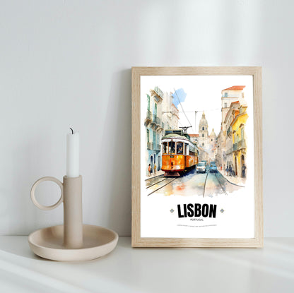 Watercolor Lisbon Electric Tram Poster – Captivating Artistry of Portugal's Iconic Transportation