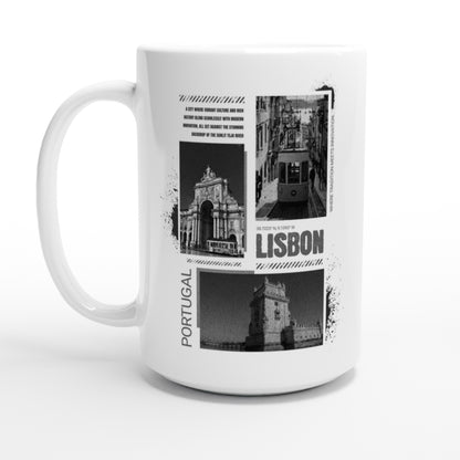 Vintage Lisbon Portugal Ceramic Mug - 15oz White | Black & White Cityscape Design | Portuguese Travel Photography