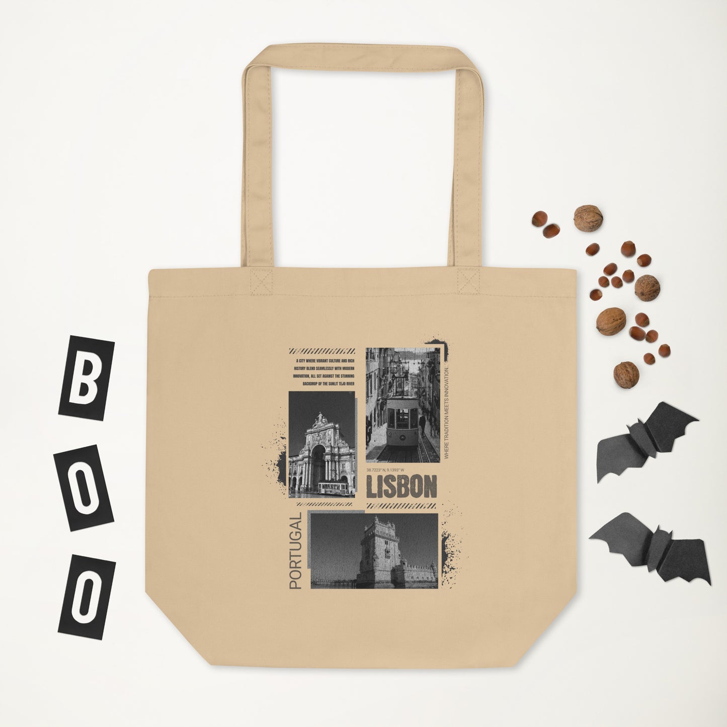 Vintage Lisbon Portugal Eco Tote Bag - Black & White Cityscape Design with Black Text | Reusable Organic Cotton Bag