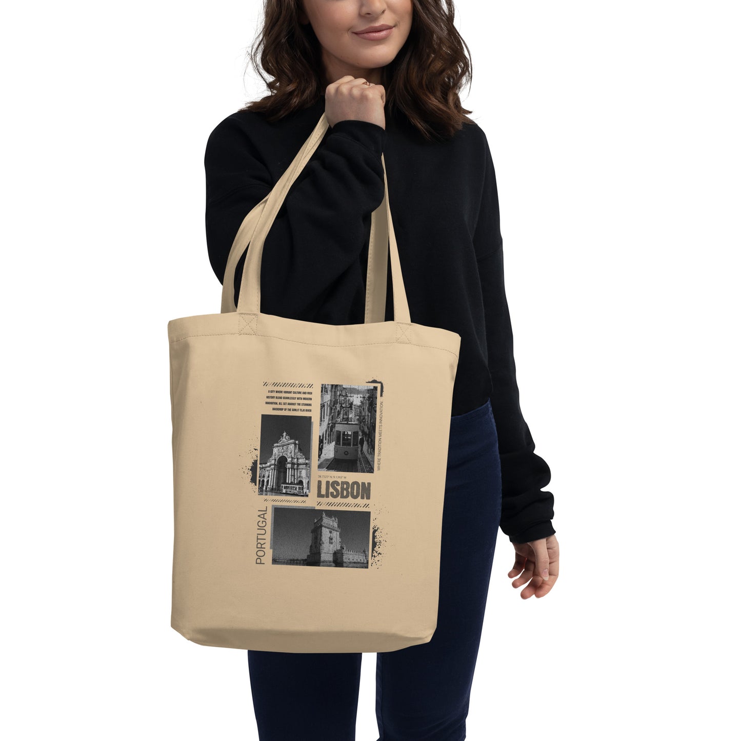 Vintage Lisbon Portugal Eco Tote Bag - Black & White Cityscape Design with Black Text | Reusable Organic Cotton Bag