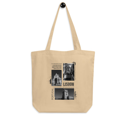 Vintage Lisbon Portugal Eco Tote Bag - Black & White Cityscape Design with Black Text | Reusable Organic Cotton Bag