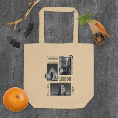 Vintage Lisbon Portugal Eco Tote Bag - Black & White Cityscape Design with Black Text | Reusable Organic Cotton Bag