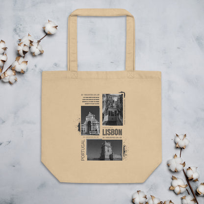 Vintage Lisbon Portugal Eco Tote Bag - Black & White Cityscape Design with Black Text | Reusable Organic Cotton Bag