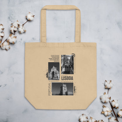 Vintage Lisboa Portugal Eco Tote Bag - Black & White Cityscape Design with Black Text | Reusable Organic Cotton Bag