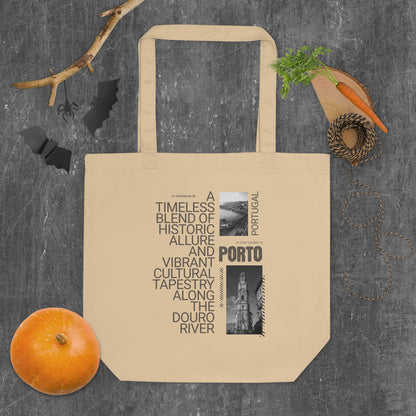 Porto Portugal Eco Tote Bag - Black & White Cityscape Design | Reusable Organic Cotton Bag