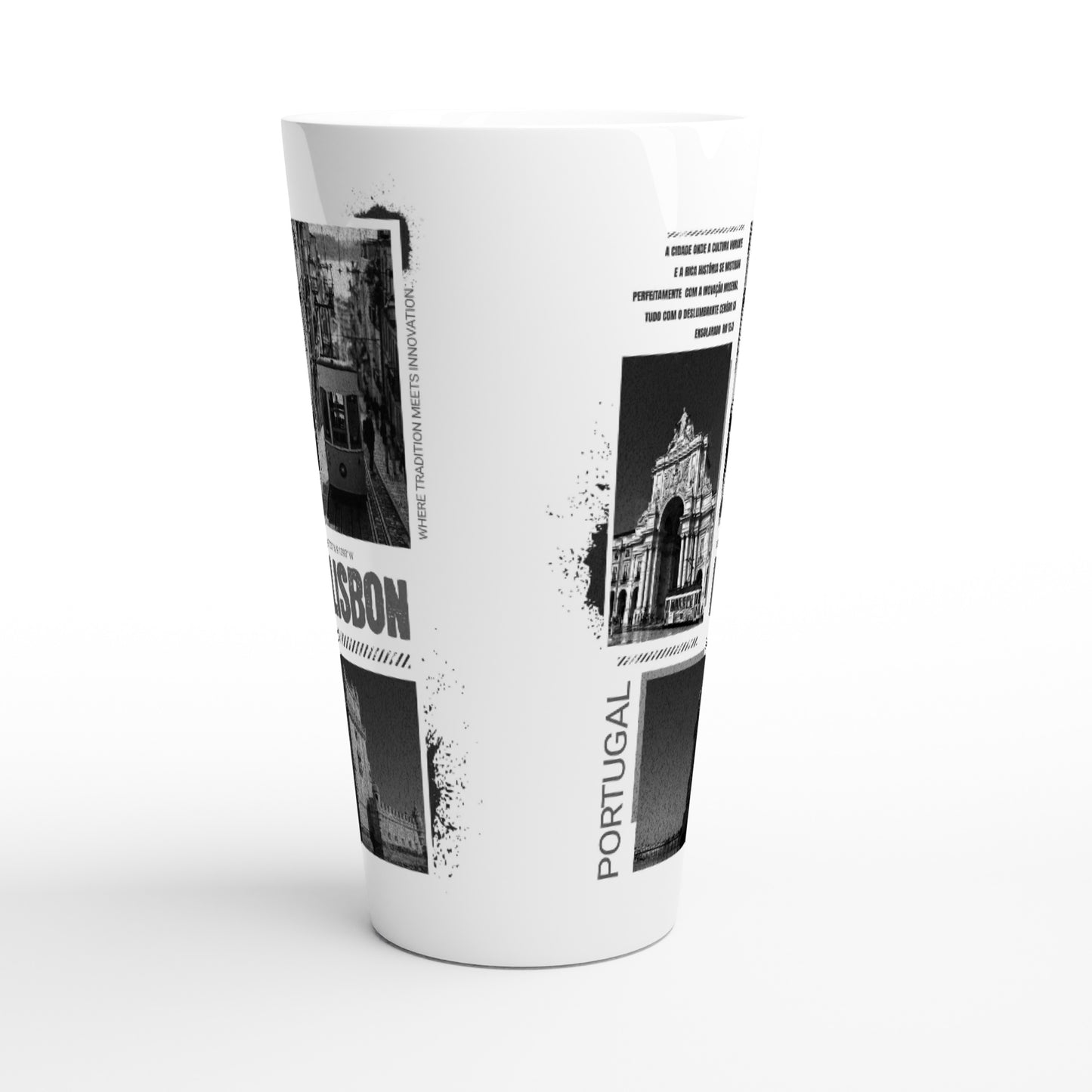 Vintage Lisbon Portugal Latte Mug - 17oz White Ceramic | Black & White Cityscape Design | Portuguese Travel Photography