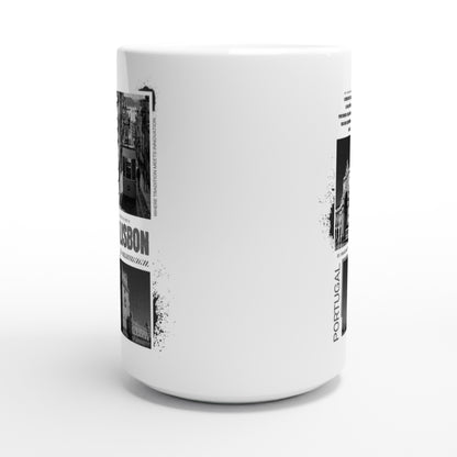 Vintage Lisbon Portugal Ceramic Mug - 15oz White | Black & White Cityscape Design | Portuguese Travel Photography