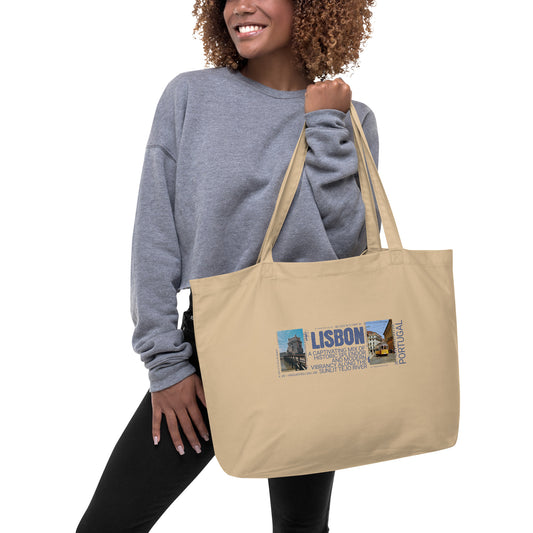 Vintage Lisbon Portugal Large Organic Tote Bag - Colorful Cityscape & Blue Text | Eco-Friendly Reusable Bag