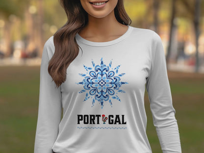 Abstract Blue and White Mandala Pattern T-Shirt, Based on Portuguese tiles in a beautiful sun