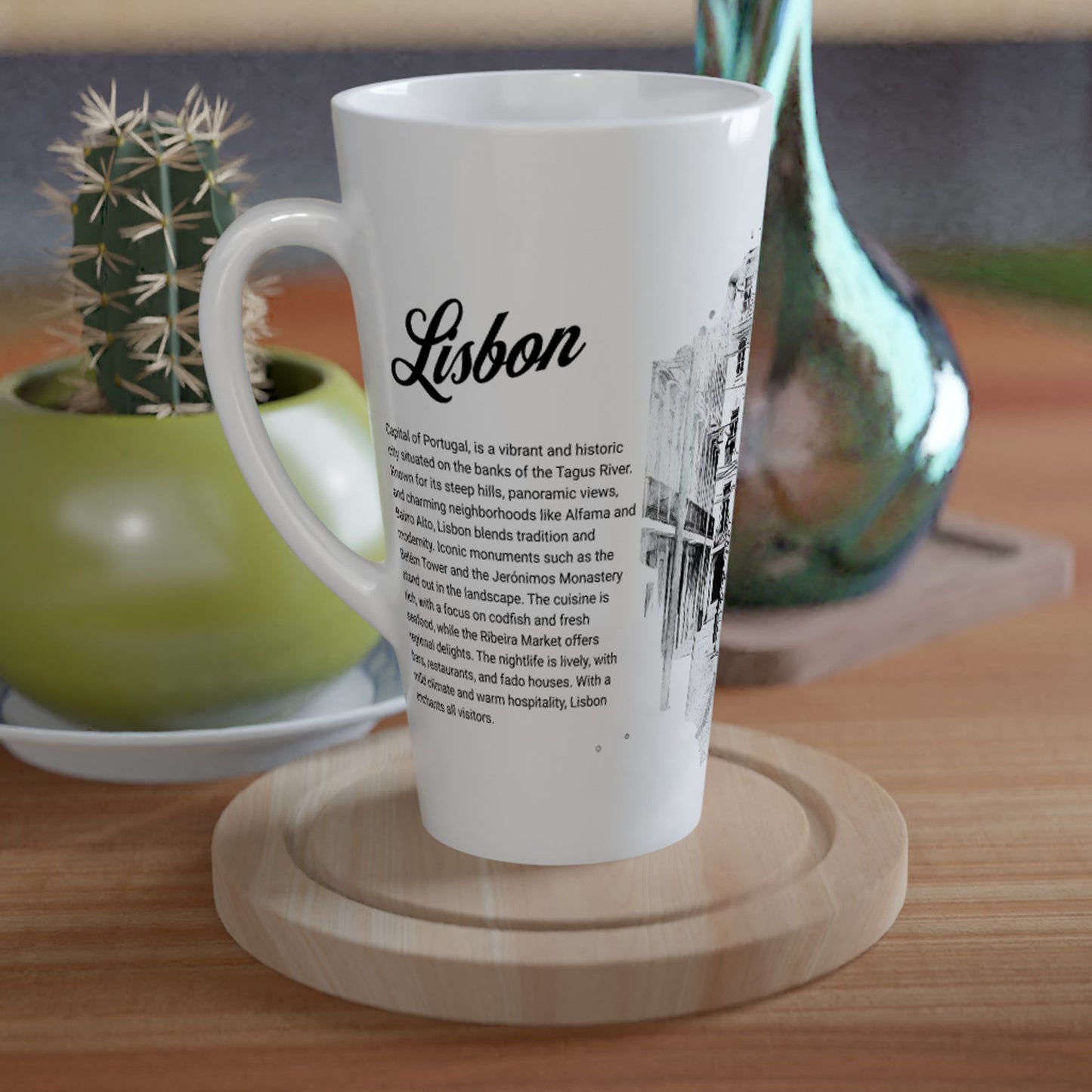 Lisbon Mug _Black & white_Beautiful Mug_Text about Lisbon_Tram_White Latte 17oz Ceramic Mug