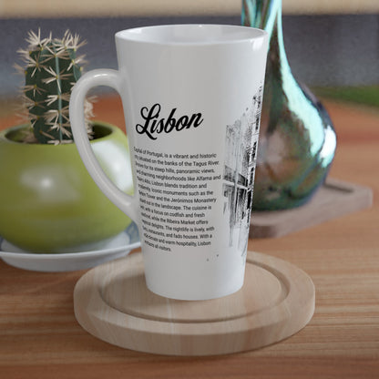 Lisbon Mug _Black & white_Beautiful Mug_Text about Lisbon_Tram_White Latte 17oz Ceramic Mug