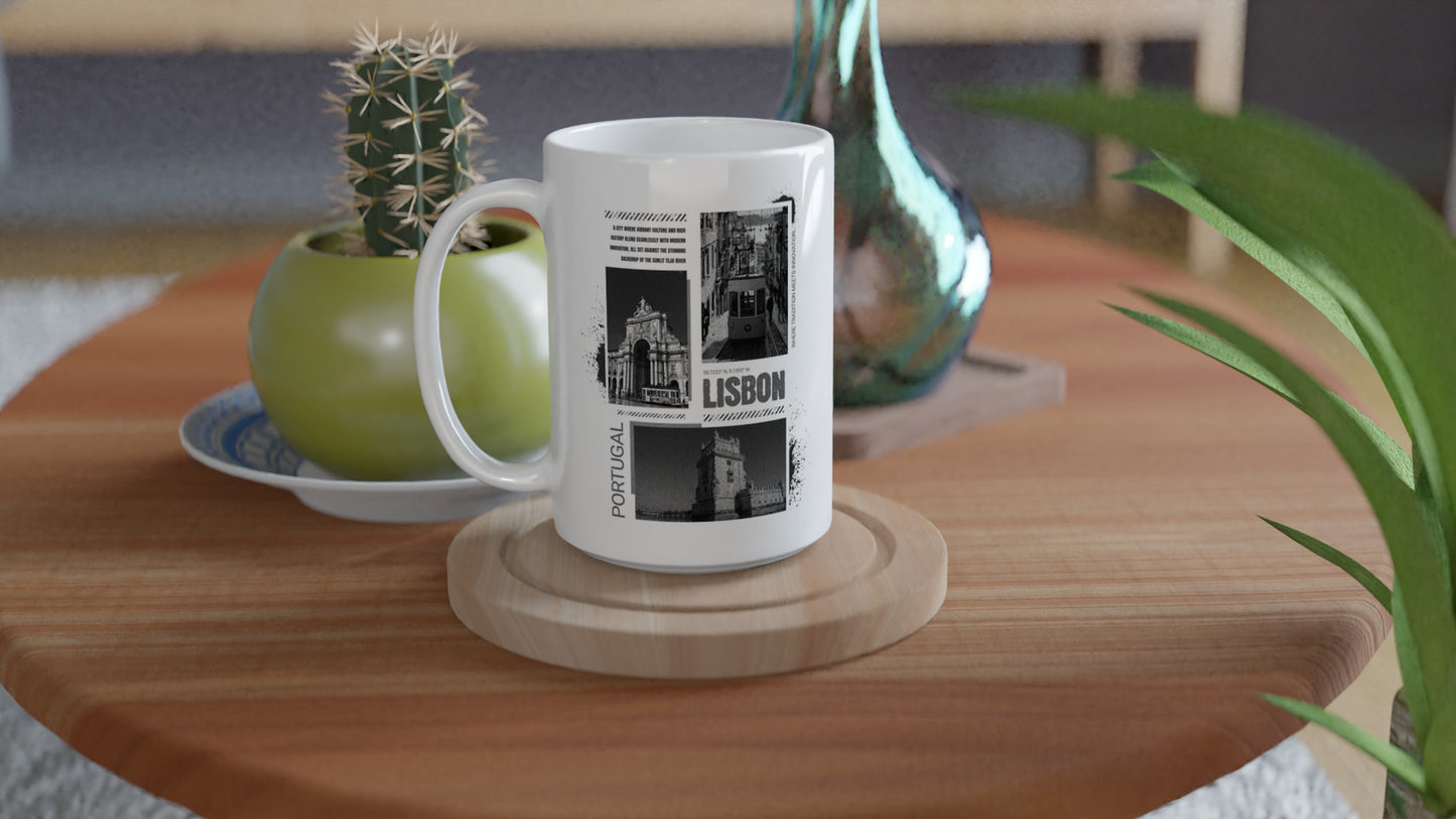 Vintage Lisbon Portugal Ceramic Mug - 15oz White | Black & White Cityscape Design | Portuguese Travel Photography