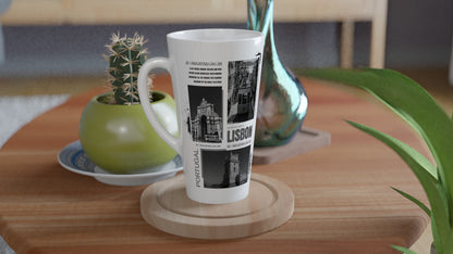 Vintage Lisbon Portugal Latte Mug - 17oz White Ceramic | Black & White Cityscape Design | Portuguese Travel Photography