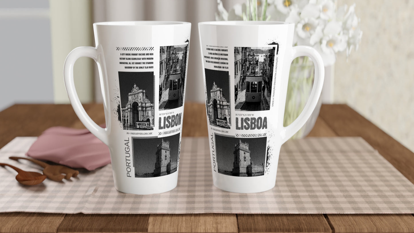 Vintage Lisbon Portugal Latte Mug - 17oz White Ceramic | Black & White Cityscape Design | Portuguese Travel Photography