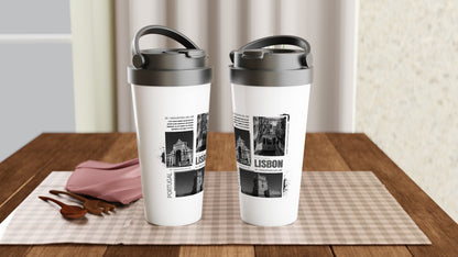 Vintage Lisbon Portugal Travel Mug - 15oz White Stainless Steel | Black & White Cityscape Design | Portuguese Travel Photography