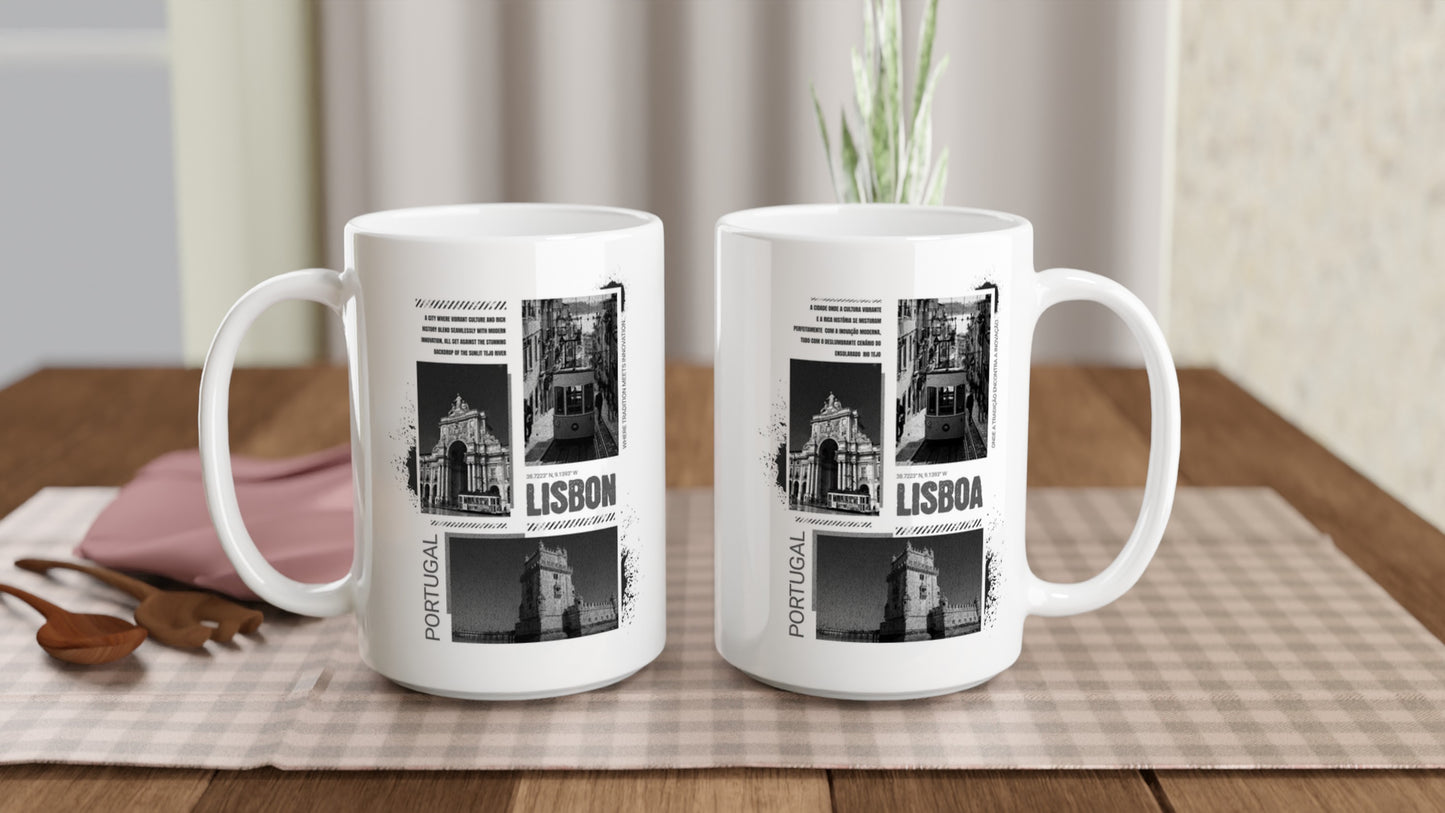 Vintage Lisbon Portugal Ceramic Mug - 15oz White | Black & White Cityscape Design | Portuguese Travel Photography