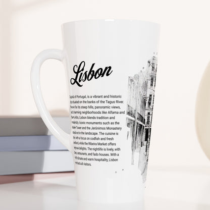 Lisbon Mug _Black & white_Beautiful Mug_Text about Lisbon_Tram_White Latte 17oz Ceramic Mug