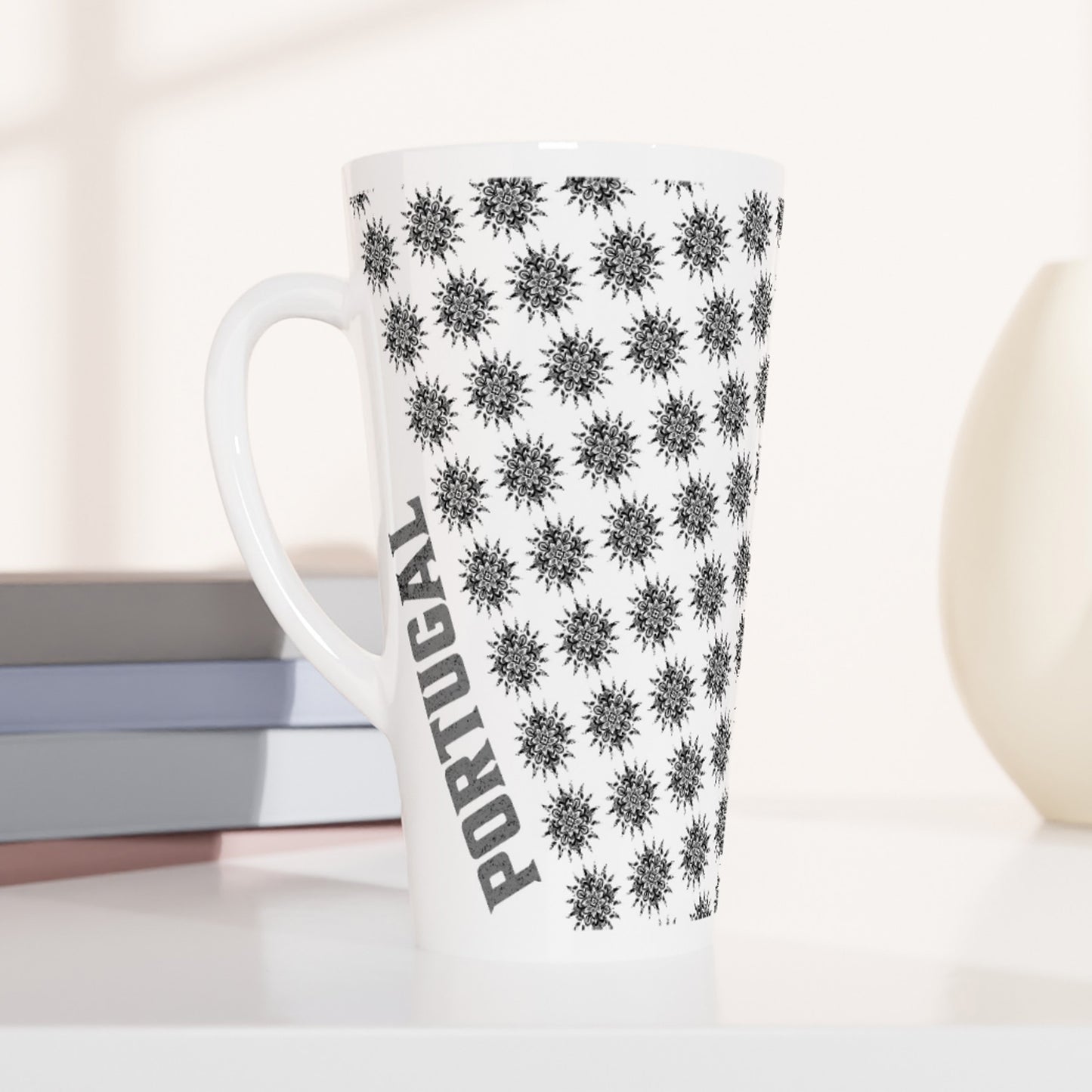 Contemporany Portuguese Tiles Design Mug - Sun Design- Gray - White Latte 17oz Ceramic Mug