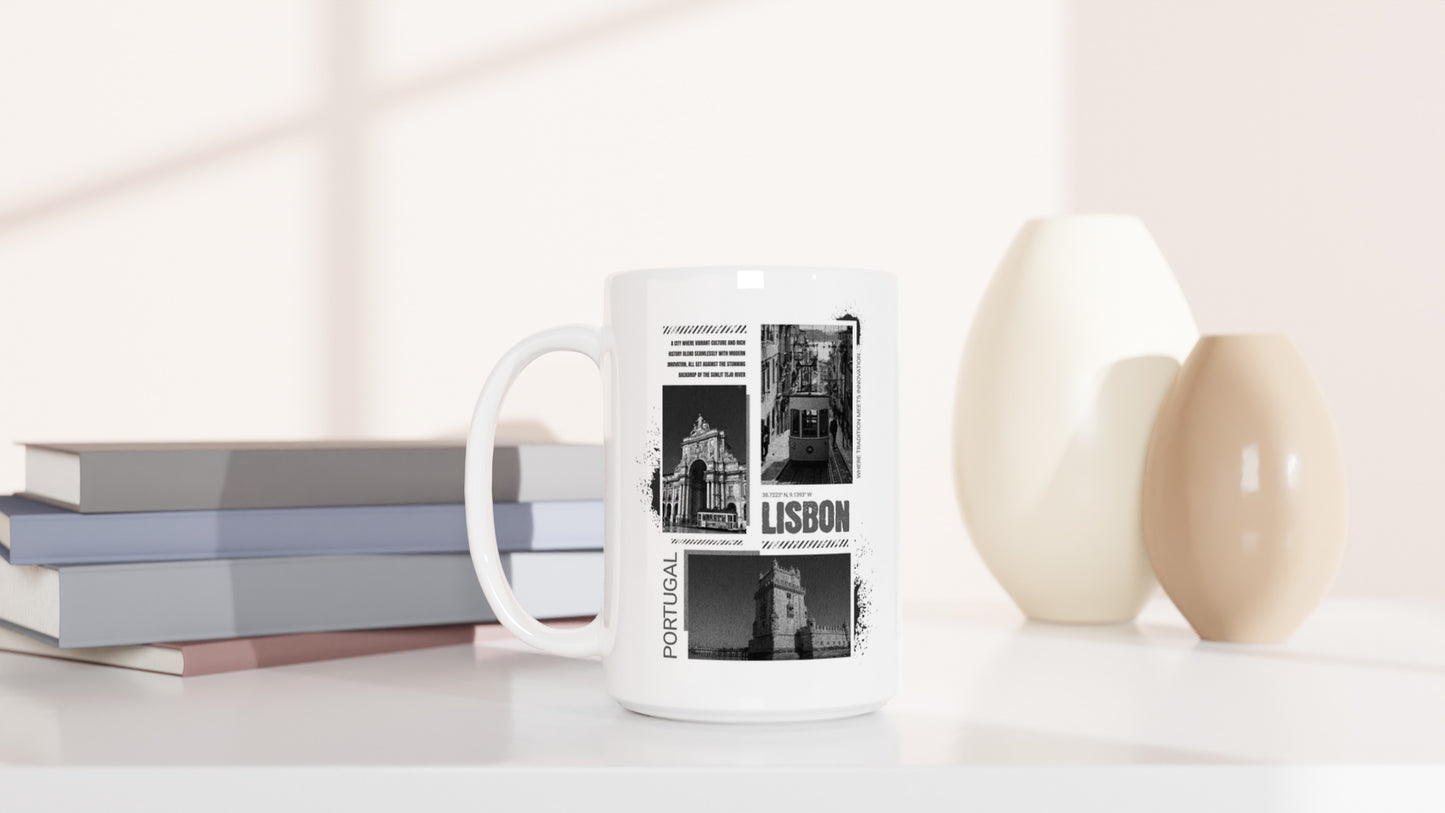 Vintage Lisbon Portugal Ceramic Mug - 15oz White | Black & White Cityscape Design | Portuguese Travel Photography