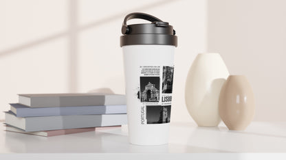 Vintage Lisbon Portugal Travel Mug - 15oz White Stainless Steel | Black & White Cityscape Design | Portuguese Travel Photography