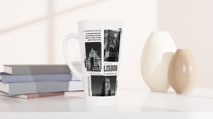 Vintage Lisbon Portugal Latte Mug - 17oz White Ceramic | Black & White Cityscape Design | Portuguese Travel Photography