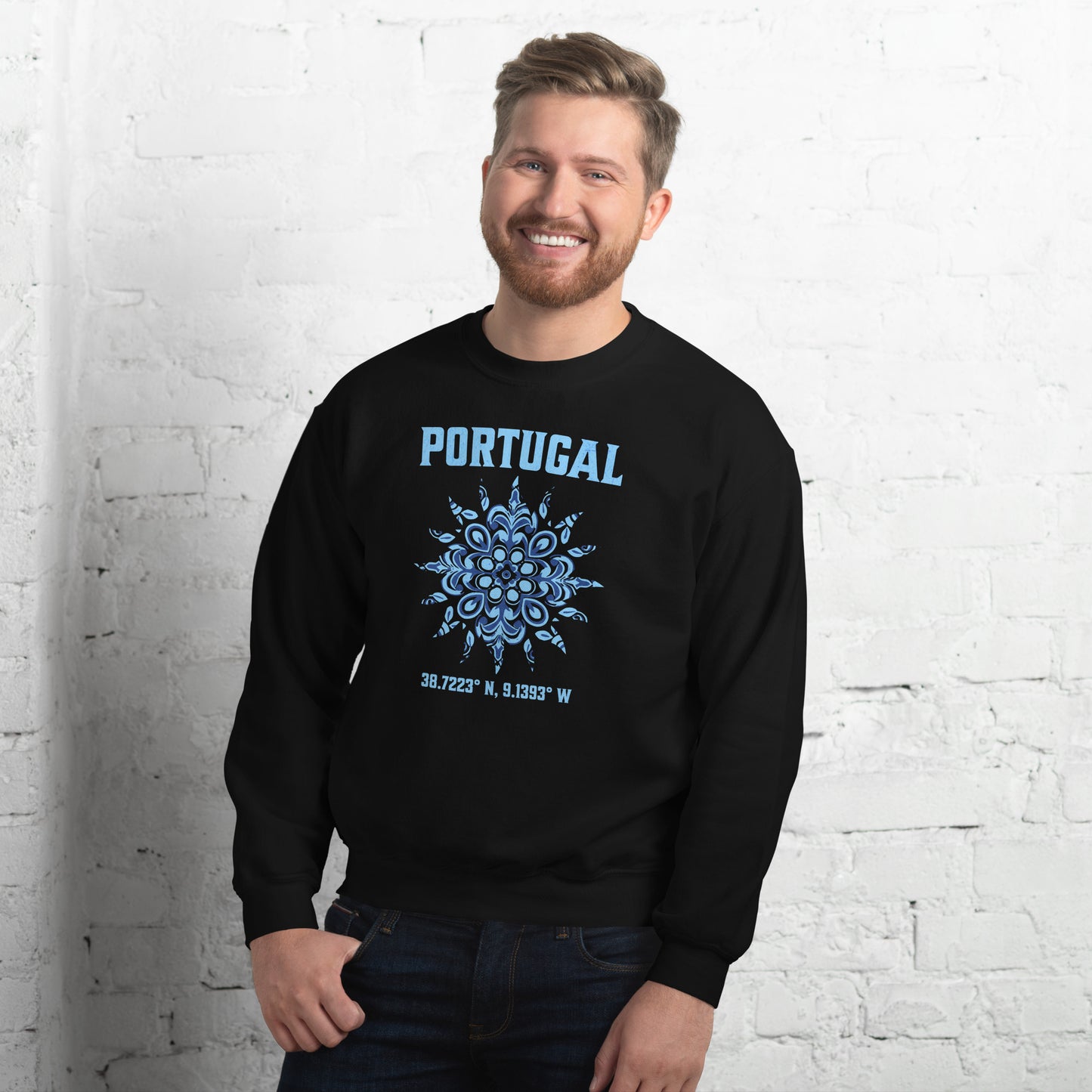 Portugal Sun Design Unisex Sweatshirt with Portuguese Tiles & Coordinates - Unisex Sweatshirt