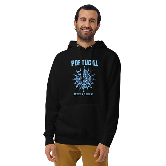 Men’s Hoodie with Portugal Sun Design, Portuguese Tiles & Coordinates