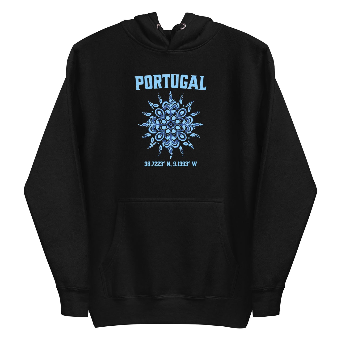 Men’s Hoodie with Portugal Sun Design, Portuguese Tiles & Coordinates