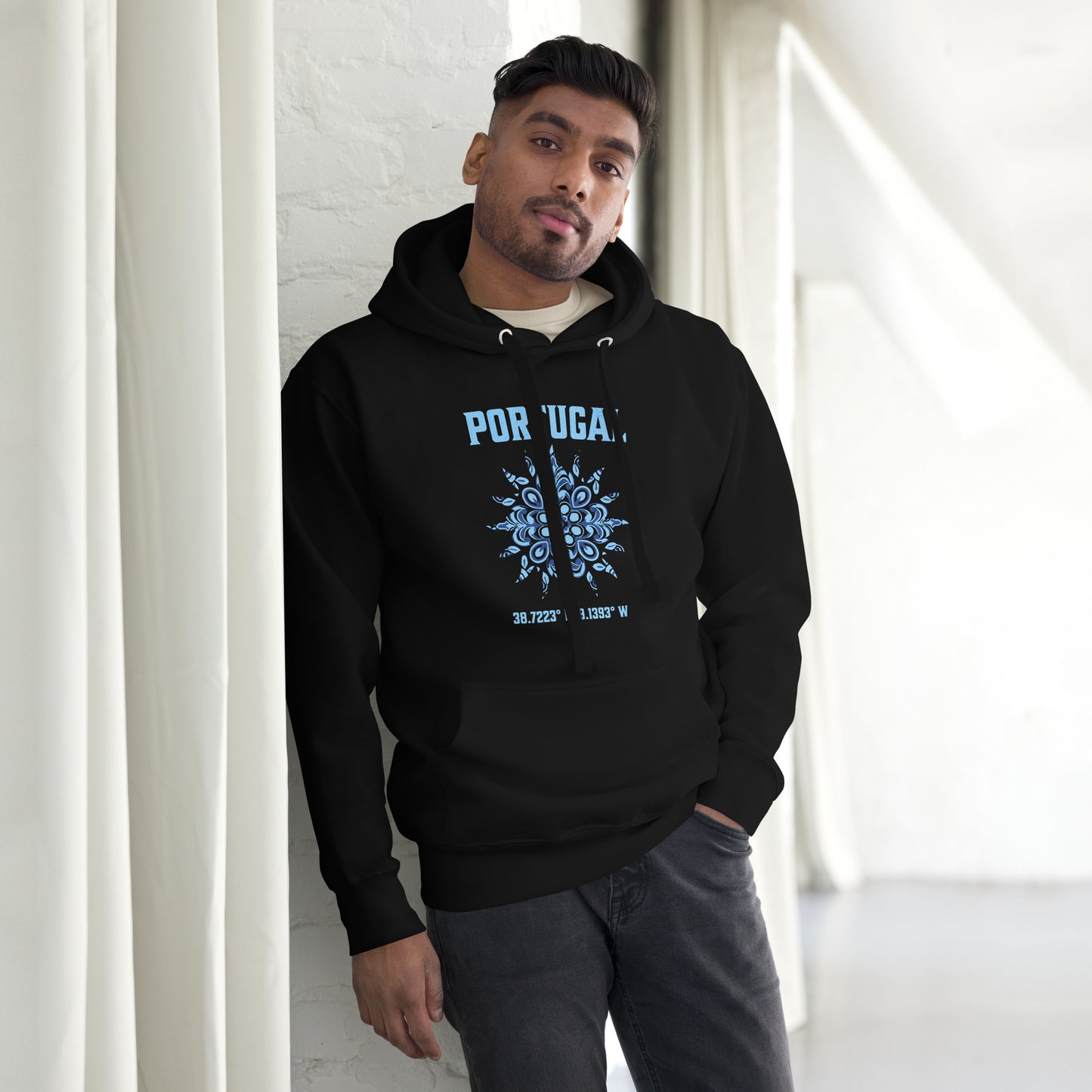 Men’s Hoodie with Portugal Sun Design, Portuguese Tiles & Coordinates