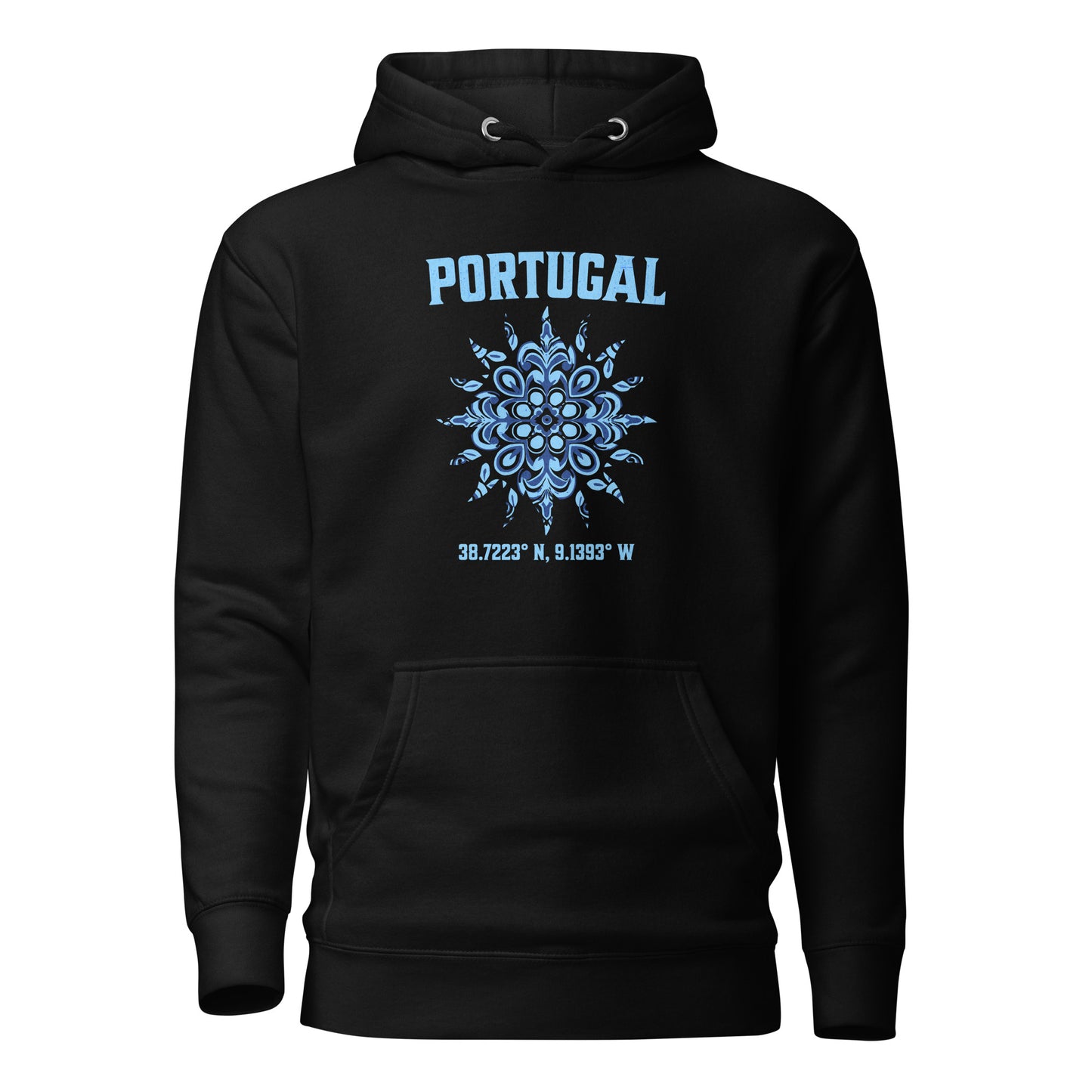 Men’s Hoodie with Portugal Sun Design, Portuguese Tiles & Coordinates