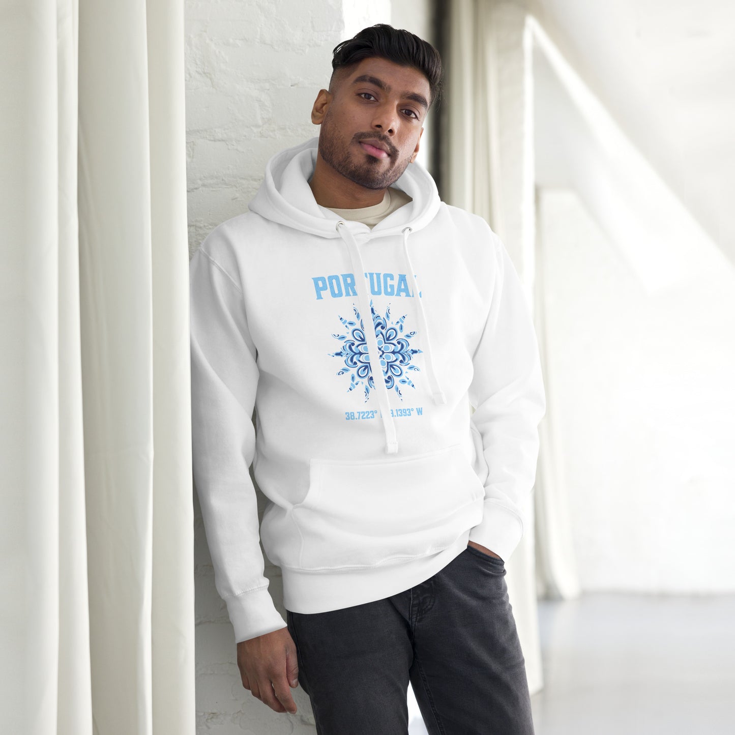 Men’s Hoodie with Portugal Sun Design, Portuguese Tiles & Coordinates