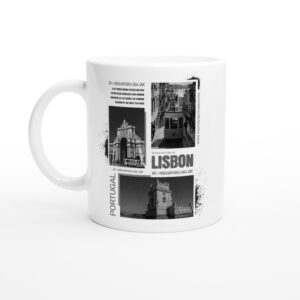 Vintage Lisbon Portugal Ceramic Mug - 11oz White | Black & White Cityscape Design | Portuguese Travel Photography