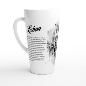 Lisbon Mug _Black & white_Beautiful Mug_Text about Lisbon_Tram_White Latte 17oz Ceramic Mug