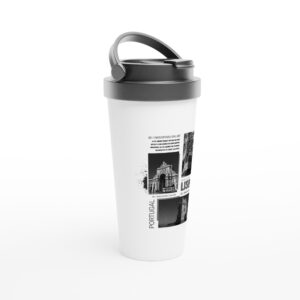 Vintage Lisbon Portugal Travel Mug - 15oz White Stainless Steel | Black & White Cityscape Design | Portuguese Travel Photography