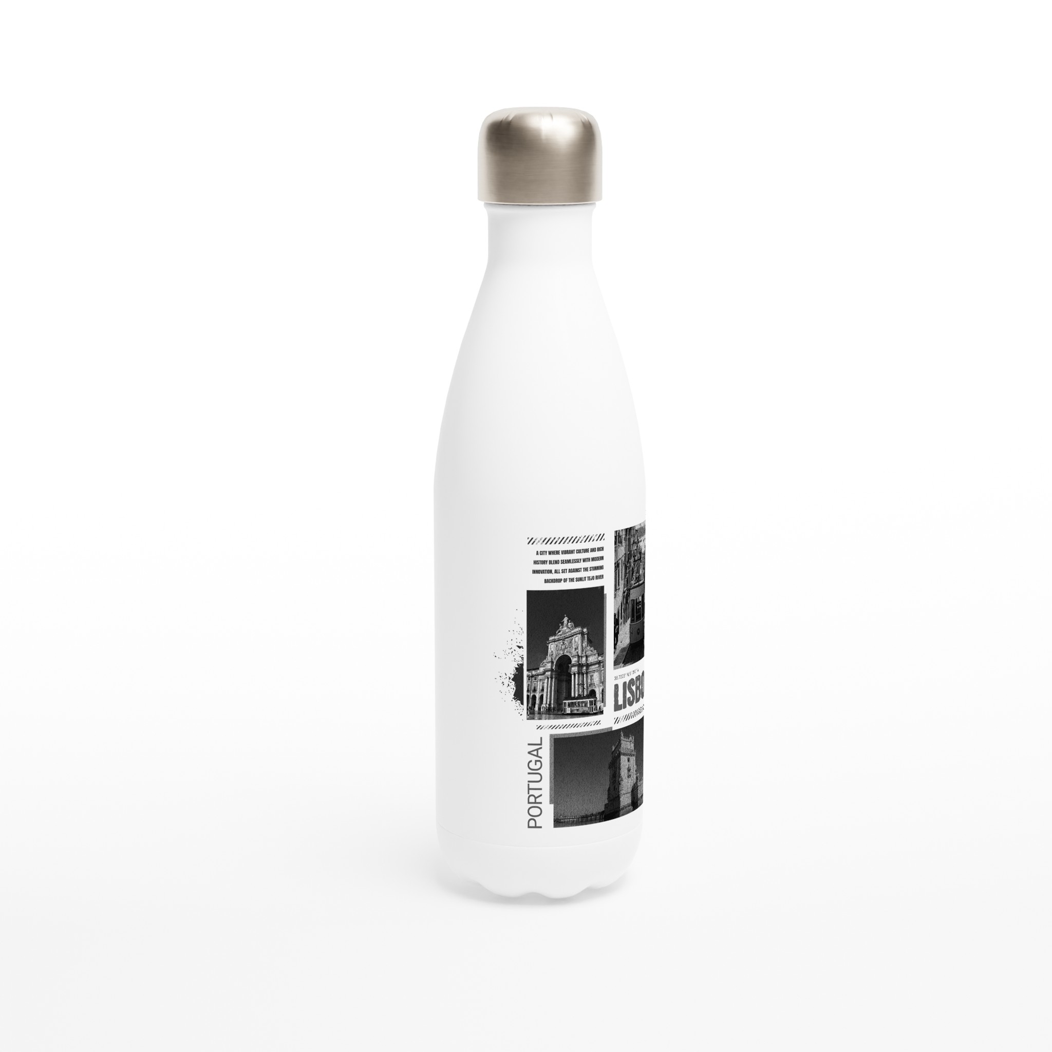 Vintage Lisbon Portugal Stainless Steel Water Bottle - 17oz White | Black & White Cityscape Design | Portuguese Travel Photography